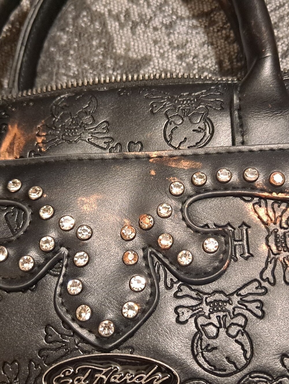 Ed Hardy Black Embossed Studded Faux Leather Satchel With Several Charms - Picture 3 of 6